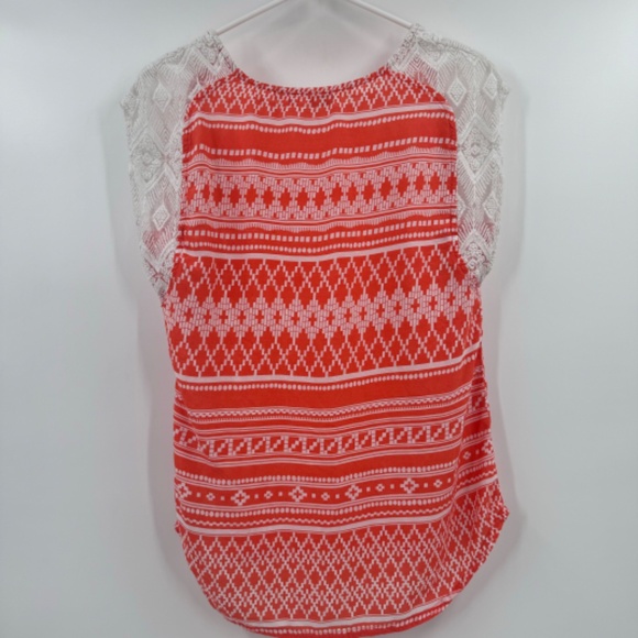 Prana Top Women XS Orange Aztec Short Cap Sleeves Sheer Lightweight Embroidered - Picture 4 of 9